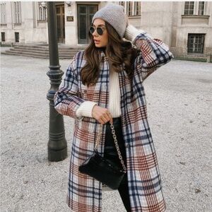 Zara Blogger Fave Long Plaid Shacket in Gray Blue Brown Size Small